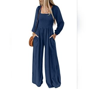 Longsleeve Blue Jumpsuit Loose Fit Wide Leg, Square Neck Pockets, High Waist, XS